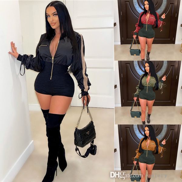 

designer short jumpsuits womens loose long sleeve zipper color matching one piece clothes fashion waist closing rompers, Black;white
