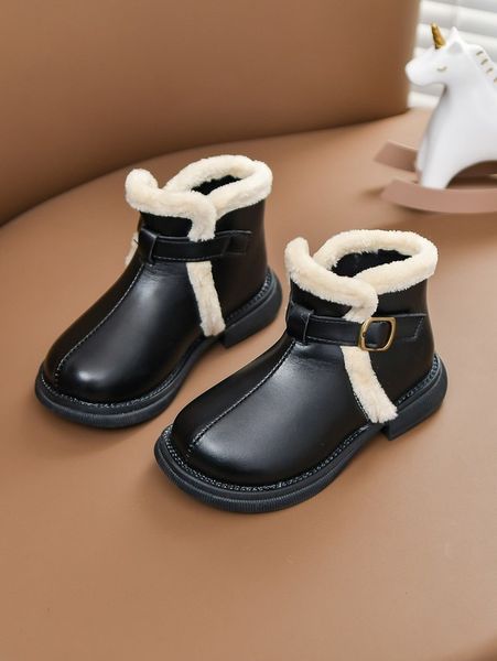 

boys fluffy trim buckle boots she, Black;grey