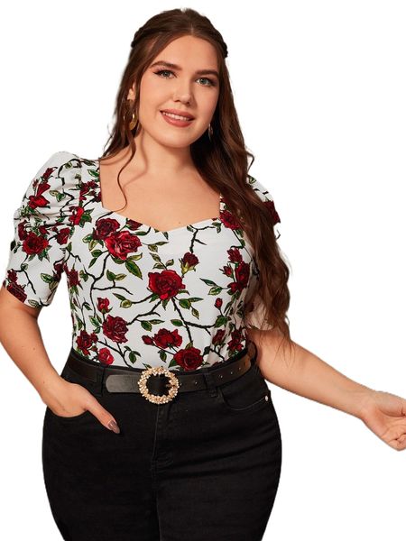 

plus sweetheart neck puff sleeve floral tee d3my#, Black