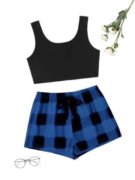

plaid print tie front pj set x2wt#, Black;red