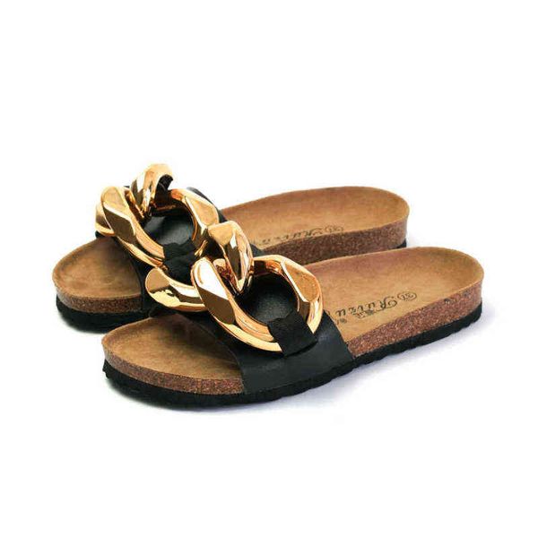 

summer new style ladies cork slippers metal ring casual breathable women's shoes beach sandals and slippers fish flat shoes y220719, Black