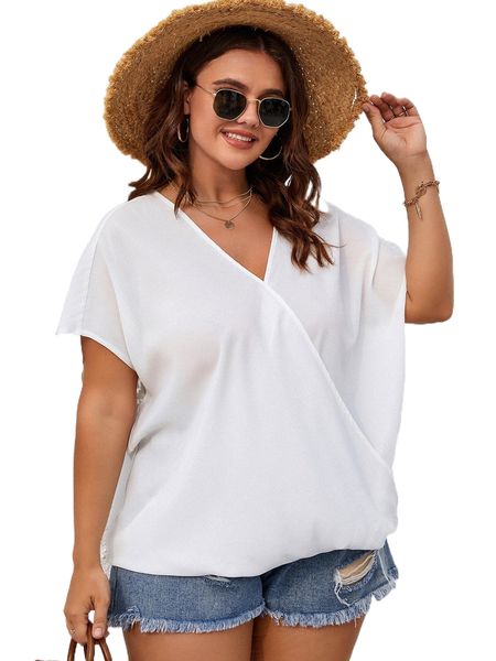 

plus surplice neck batwing sleeve blouse u0x2#, Black