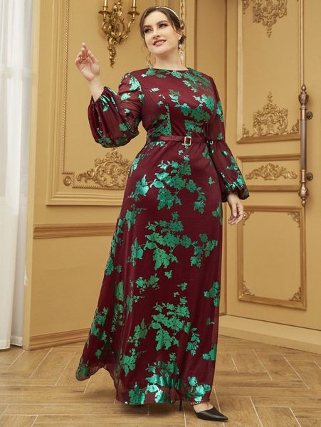 

plus floral print lantern sleeve belted dress z5xb#, Black