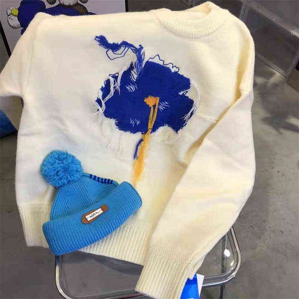 Männer hochwertiger Adererror hochhals gestrickter Pullover Wollpullover bestickter blauer Graffiti Blumen Casual T220730