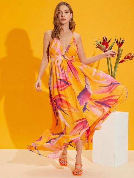 

birds of paradise floral open-back maxi dress a6sf#, Black;gray