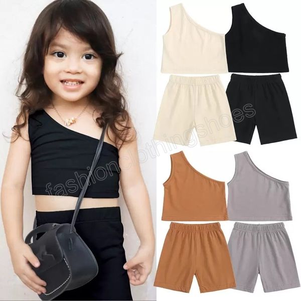 

children girls short clothing sets sleeveless one-shoulder suspender shorts 2pcs/set solid kids outfits, White