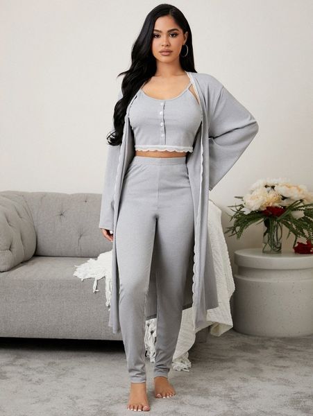 

3pcs fake button lace trim lounge set 84zm#, Black;red