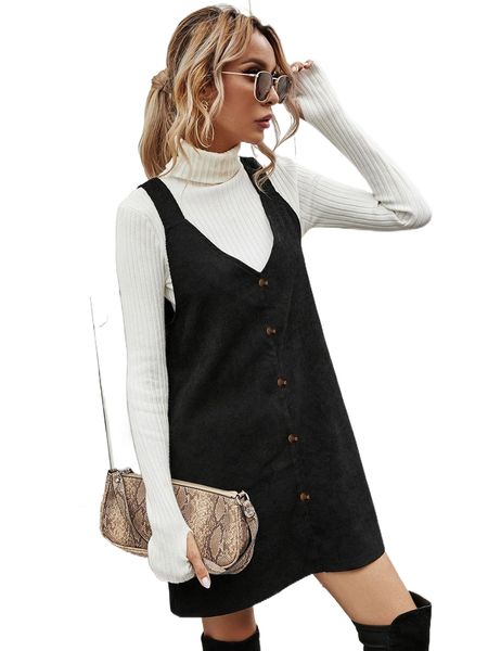 

solid button front corduroy overall dress g604#, Black;gray