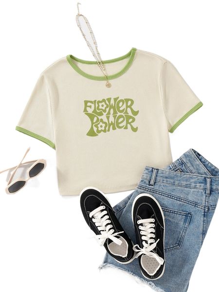 

letter print contrast binding tee y64x#, White