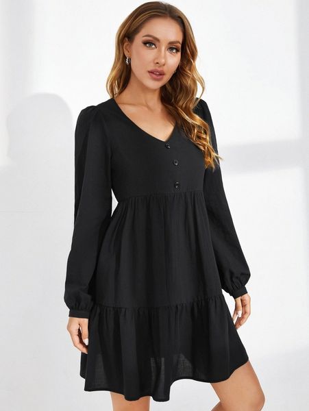 

lantern sleeve ruffle hem dress v8hb#, Black;gray