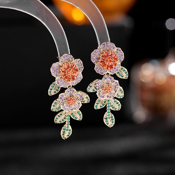 

light luxury dense setting heavy industry gradual changing color zirconium three-dimensional flower earrings women's s925 silver needle, Golden