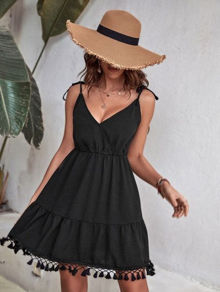 

knot shoulder tassel trim cami dress j0rf#, Black;gray