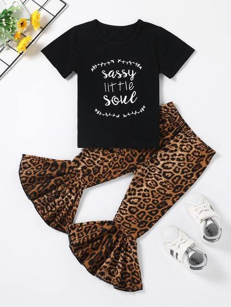 

toddler girls slogan graphic tee & leopard flare leg pants she, White