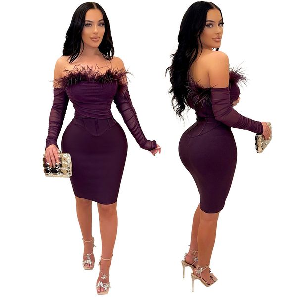 

ostrich feather purple evening dress 2022 strapless black girls prom dresses with sleeves knee length sheath cocktail party african women ve, Black;red