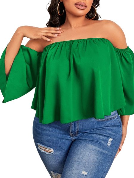 

sxy plus off shoulder solid blouse n2ye#, Black
