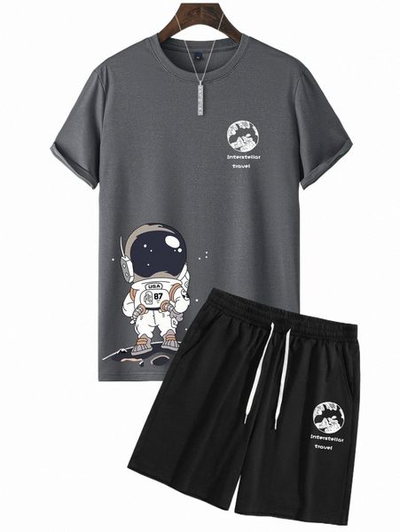 

men astronaut & slogan graphic tee & drawstring shorts b4yk#, Gray