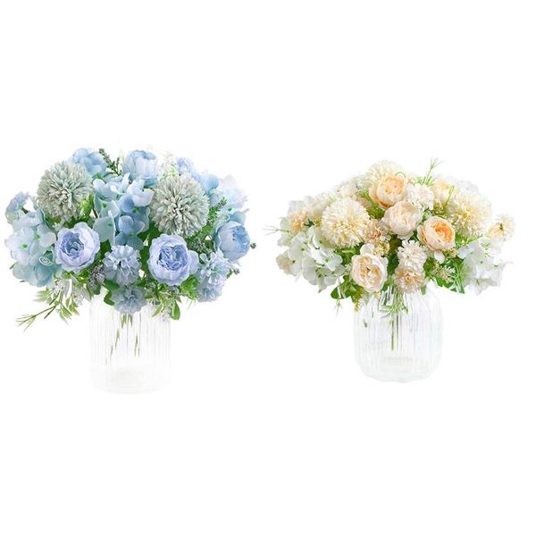 Ghirlande di fiori decorativi 4 confezioni di fiori artificiali, bouquet di ortensie di seta di peonia finta (champagne e bianco blu)