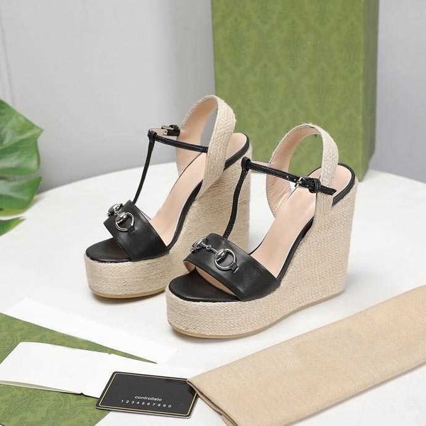 

2021 r women slope heel platform leather sandals summer 13cm high heels gladiator snadal luxurys ladies dress office party, Black