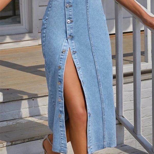 

dgirl button front longline denim skirt retro long summer denim skirts girls high waist split jeans straight maxi denim skirts 220420, Black