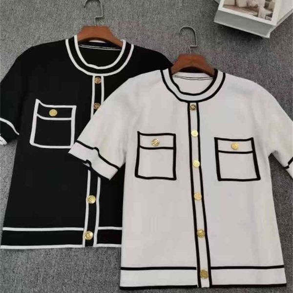 

women's knits tees french elegant fashion temperament small fragrance short sleeved round neck pullover contrast color sweater women&#0, White