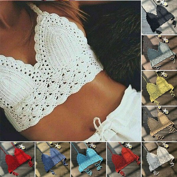 Bikini sexy Crop Top Donna Crochet Boho Beach Canotte Bikini Bralette Halter Cami Reggiseno lavorato a maglia Backless Beachwear Canotta 220607