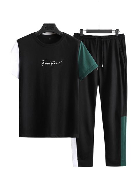 

men colorblock letter graphic tee & drawstring waist pants a0bv#, Gray