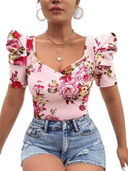 

floral print sweetheart neck puff sleeve tee 80vy#, White