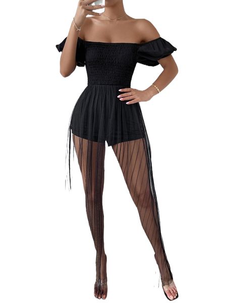 

off shoulder shirred mesh hem romper f019#, Black;white