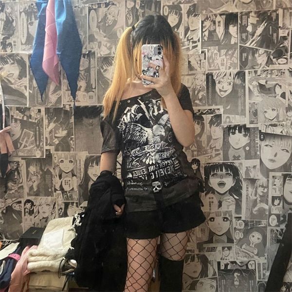 Punk Grafik Gothic T-shirt Frauen Harajuku Fee Grunge Schädel Top T-stück Dark Academia Ästhetische Emo Plus Größe Alternative Kleidung 220321