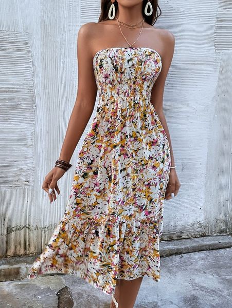 

shirred bodice frill trim floral tube dress b8ht#, Black;gray