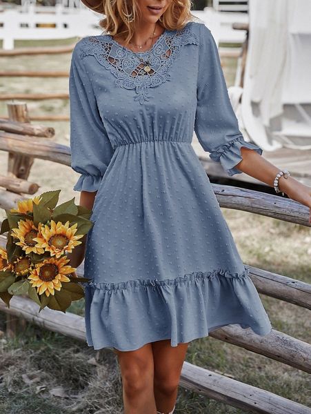 

swiss dot guipure lace panel flounce sleeve ruffle hem dress 45p0#, Black;gray