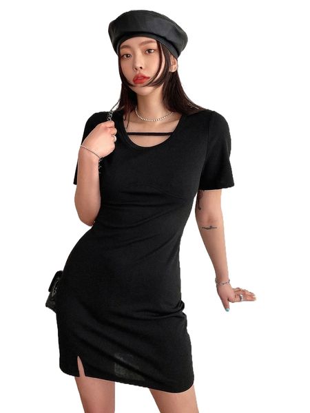 

dazy cut out front slit hem dress q1mw#, Black;gray