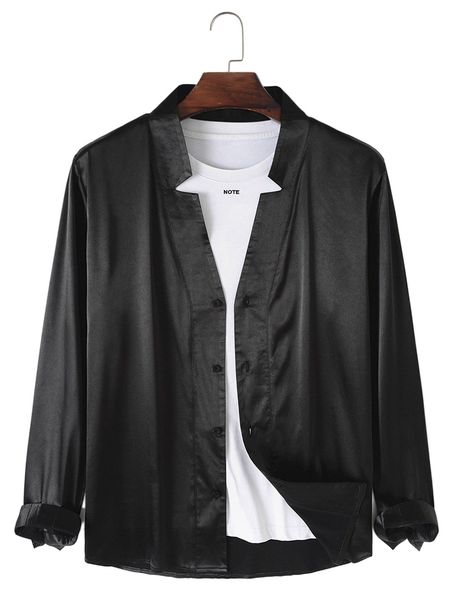

men 1pc notched detail button front satin shirt 07xo#, White;black