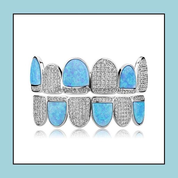 

hip hop gold plated zircon braces with sky blue opal gem teeth grillz men womens ottom grills set drop delivery 2021 grillz dental bod, Black