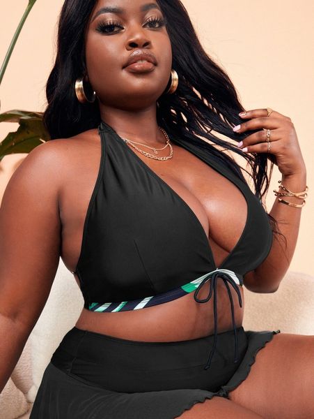 

plus graphic print tie front halter bikini t46c#, Black