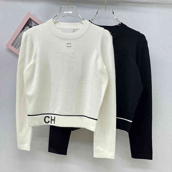 

women's knits tees small fragrance round neck knitted long sleeved jacquard letter thin style slim fit inside with black and white colo