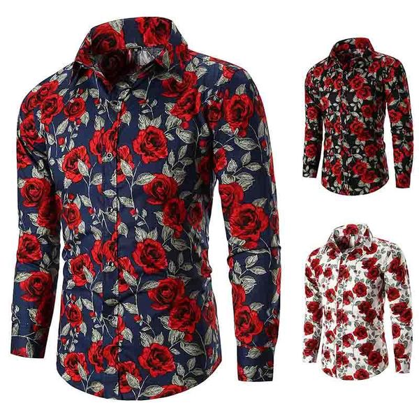 

men's casual shirts hawaiian beach summer shirt long sleeve fashion rose flower 3d printed floral turn-down collar sli, White;black