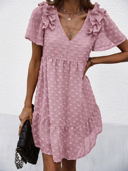 

swiss dot flutter sleeve ruffle trim chiffon smock dress g2rq#, Black;gray