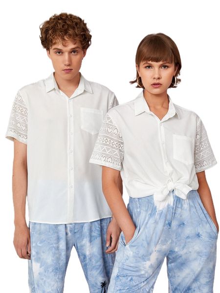 

1pc solid button front pocket patched shirt b11e#, White;black