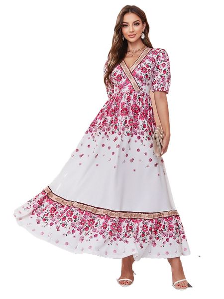 

floral print puff sleeve ruffle hem dress 63xb#, Black;gray