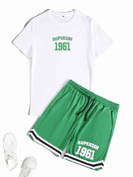 

men letter graphic tee & drawstring shorts 27c4#, Gray