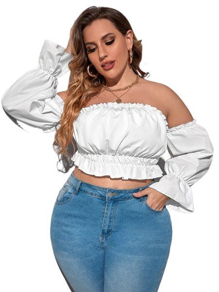 

plus off shoulder flounce sleeve frilled blouse h4dm#, Black