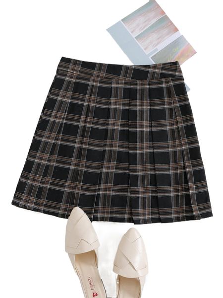 

plaid print fold pleated skirt e8f4#, Black