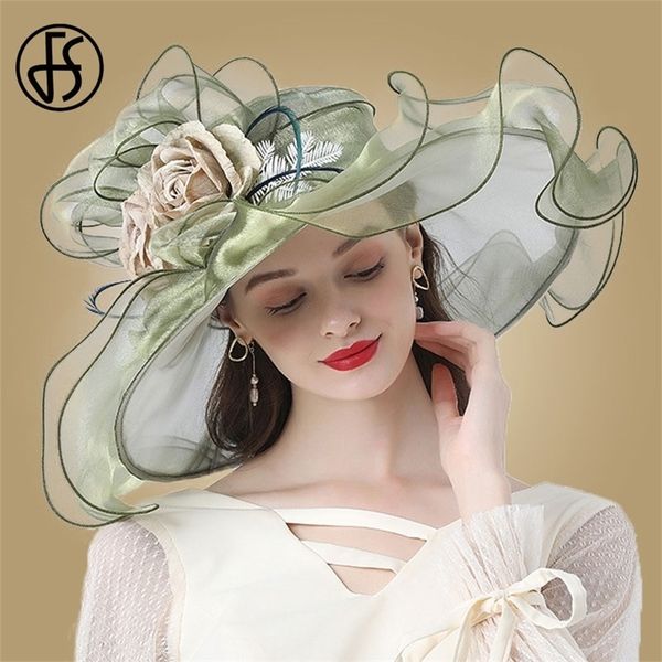 

fs flower fascinator women wide brim wedding church organza sun hat elegant large ladies fedoras 220813, Blue;gray