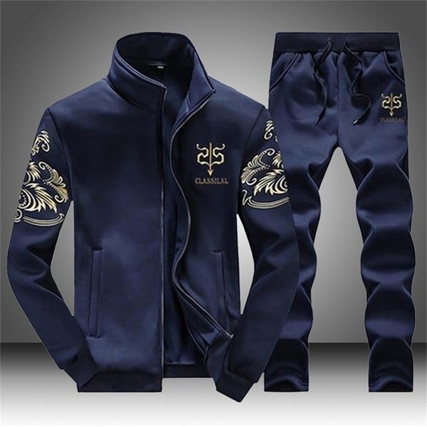 

eu size men tracksuit set running sports fitness sportswear male 2 pieces sweatshirt pant mens clothing chandal hombre plus size lj201117, Gray