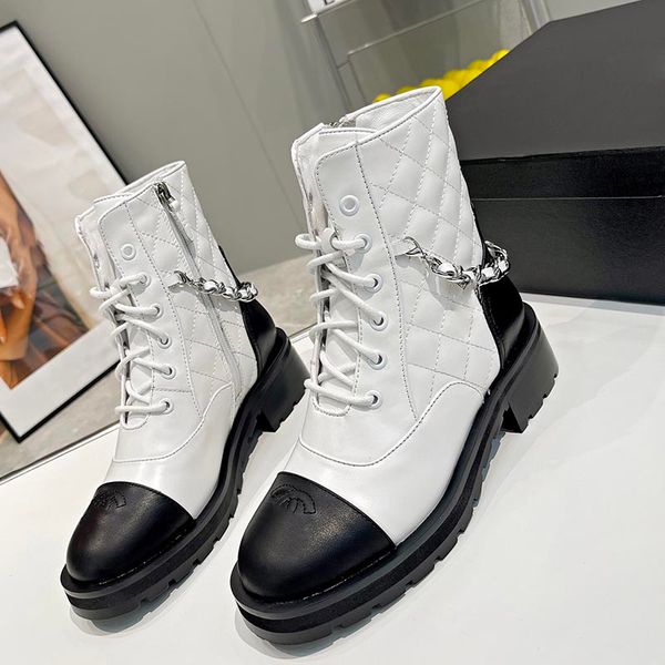 

womens chunky heel knight knee boots cowhide with zipper metal chain winter designer ankle boot white round toes rainboots slipper retro san, Black