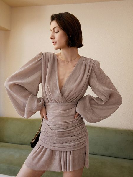 

plunging neck lantern sleeve ruched ruffle hem dress y7rt#, Black;gray