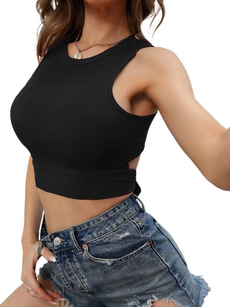 

solid rib knit cut out tie back crop tank z2lp#, White