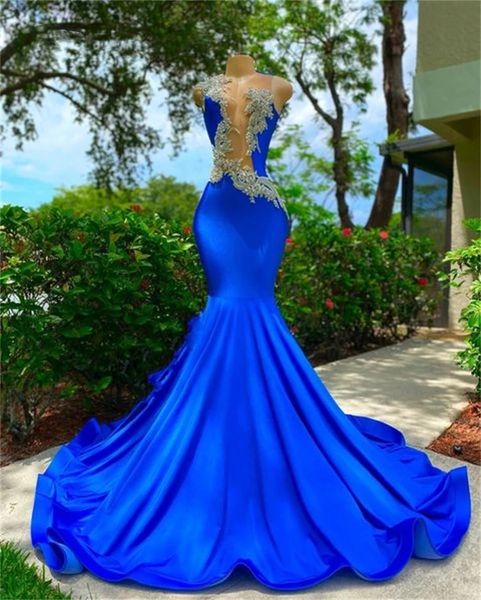Royal Blue O Neck Long Prom Dresses For Black Girls 2022 Appliques Birthday Party Dress Mermaid Evening Gowns Robe De Bal