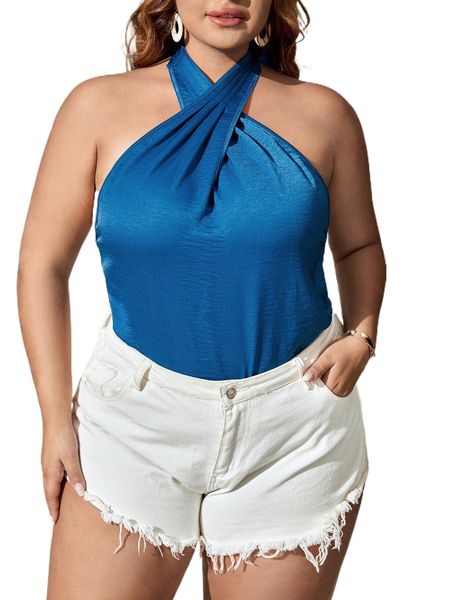 

plus cross wrap tie backless halter z3au#, Black